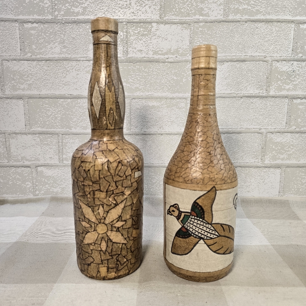 Set of Two Rustic Pheasant and Geometric Design Paper Covered Bottles Ho…